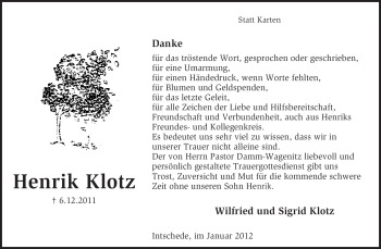 Traueranzeige von Henrik Klotz von KREISZEITUNG SYKE