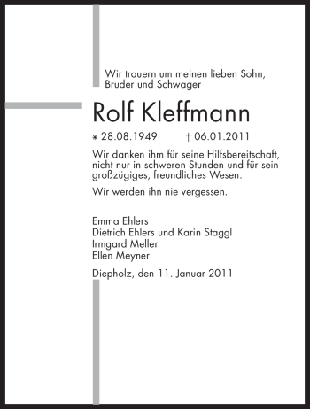 Traueranzeige von Rolf Kleffmann von KREISZEITUNG SYKE