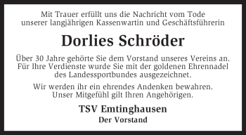 Traueranzeige von Dorlies Schröder von KREISZEITUNG SYKE