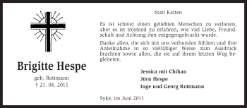 Traueranzeige von Brigitte Hespe von KREISZEITUNG SYKE