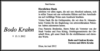 Traueranzeige von Bodo Krahn von KREISZEITUNG SYKE