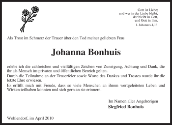 Traueranzeige von Johanna Bonhuis von KREISZEITUNG SYKE