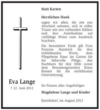 Traueranzeige von Eva Lange von KREISZEITUNG SYKE