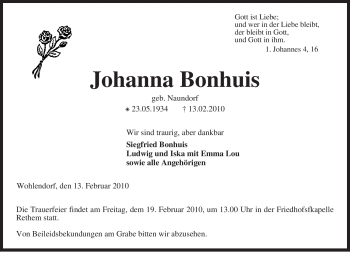 Traueranzeige von Johanna Bonhuis von KREISZEITUNG SYKE