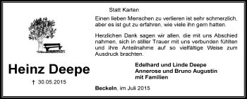 Traueranzeige von Heinz Deepe von KRZ