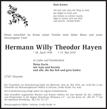 Traueranzeige von Hermann Willy Theodor Hayen von KREISZEITUNG SYKE