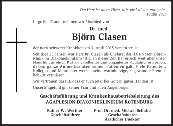Traueranzeige von Björn Clasen von KRZ