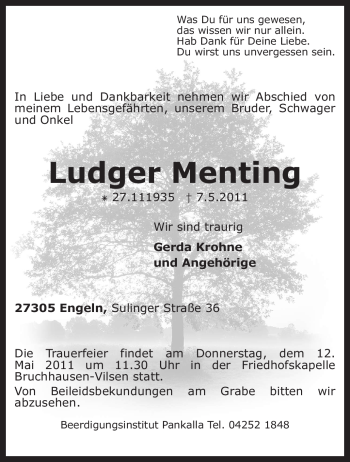 Traueranzeige von Ludger Menting von KREISZEITUNG SYKE