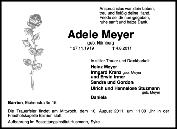 Traueranzeige von Adele Meyer von KREISZEITUNG SYKE