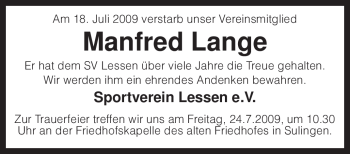 Traueranzeige von Manfred Lange von KREISZEITUNG SYKE