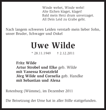Traueranzeige von Uwe Wilde von KREISZEITUNG SYKE