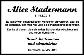 Traueranzeige von Alice Stadermann von KREISZEITUNG SYKE