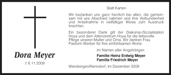 Traueranzeige von Dora Meyer von KREISZEITUNG SYKE