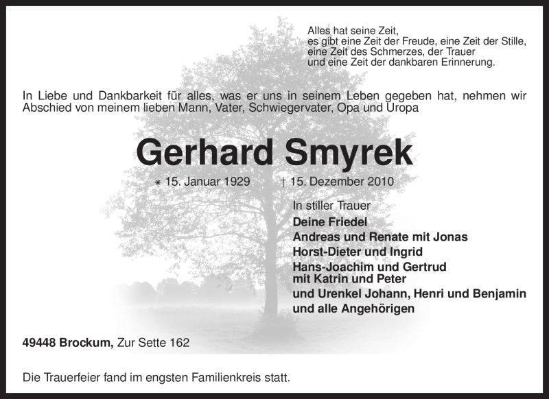  Traueranzeige für Gerhard Smyrek vom 21.12.2010 aus KREISZEITUNG SYKE