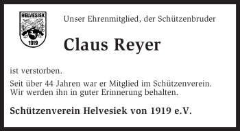 Traueranzeige von Claus Reyer von KREISZEITUNG SYKE