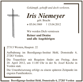 Traueranzeige von Iris Niemeyer 