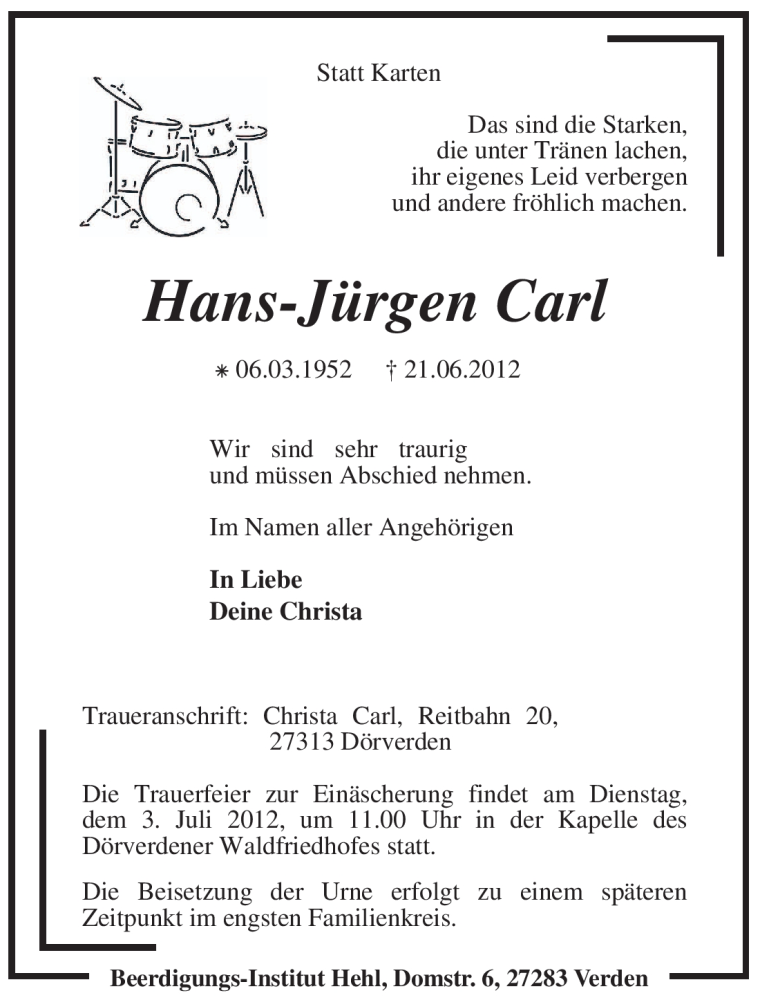  Traueranzeige für Hans-Jürgen Carl vom 28.06.2012 aus KREISZEITUNG SYKE