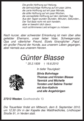 Traueranzeige von Günter Blasse von KREISZEITUNG SYKE