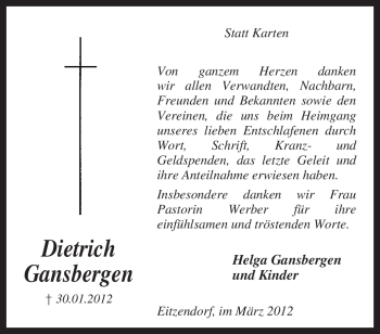 Traueranzeige von Dietrich Gansbergen von KREISZEITUNG SYKE