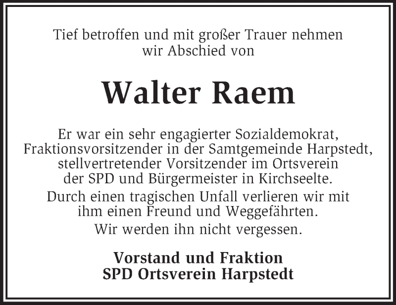  Traueranzeige für Walter Raem vom 17.04.2015 aus KRZ