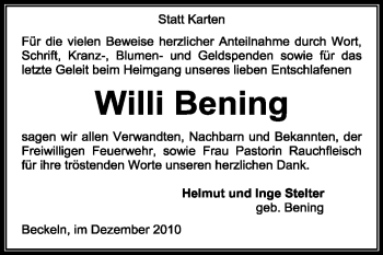 Traueranzeige von Willi Bening von KREISZEITUNG SYKE