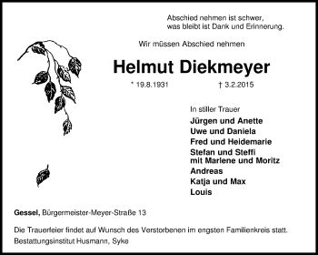 Traueranzeige von Helmut Diekmeyer von KRZ