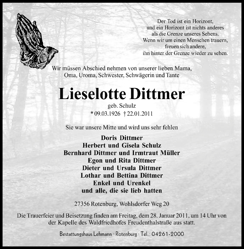 Traueranzeige für Lieselotte Dittmer vom 24.01.2011 aus KREISZEITUNG SYKE