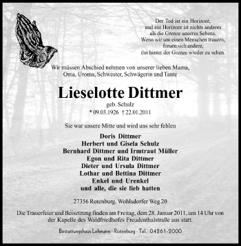 Traueranzeige von Lieselotte Dittmer von KREISZEITUNG SYKE