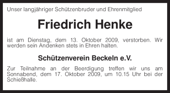 Traueranzeige von Friedrich Henke von KREISZEITUNG SYKE