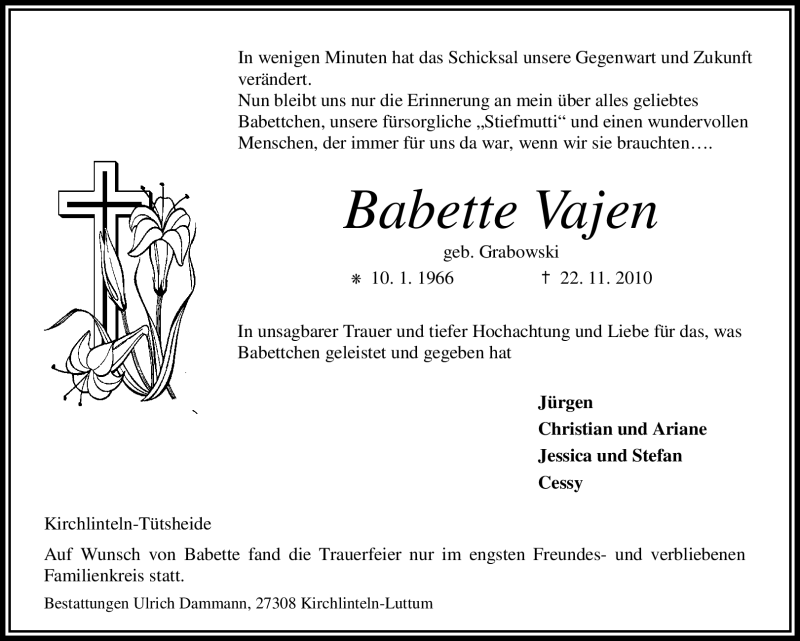  Traueranzeige für Babette Vajen vom 27.11.2010 aus KREISZEITUNG SYKE