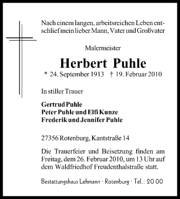 Traueranzeige von Herbert Puhle von KREISZEITUNG SYKE