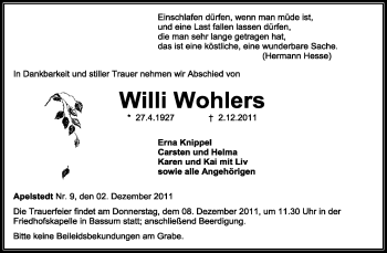 Traueranzeige von Willi Wohlers von KREISZEITUNG SYKE