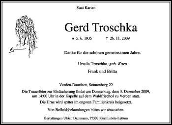 Traueranzeige von Gerd Troschka von KREISZEITUNG SYKE