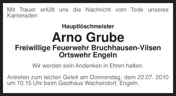 Traueranzeige von Arno Grube von KREISZEITUNG SYKE