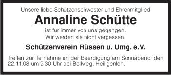 Traueranzeige von Annaline Schütte von KREISZEITUNG SYKE