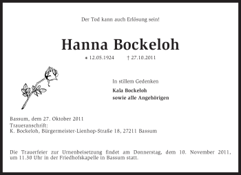 Traueranzeige von Hanna Bockeloh von KREISZEITUNG SYKE