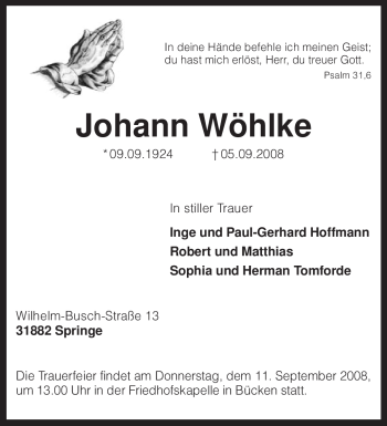 Traueranzeige von Johann Wöhlke von KREISZEITUNG SYKE