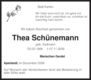 Traueranzeige von Thea Schünemann von KREISZEITUNG SYKE