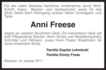 Traueranzeige von Anni Freese von KREISZEITUNG SYKE