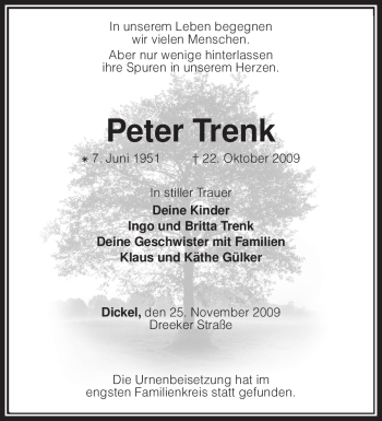 Traueranzeige von Peter Trenk von KREISZEITUNG SYKE