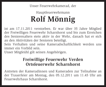 Traueranzeige von Rolf Mönnig von KREISZEITUNG SYKE