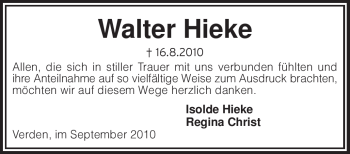 Traueranzeige von Walter Hieke von KREISZEITUNG SYKE