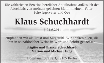 Traueranzeige von Klaus Schuchhardt von KREISZEITUNG SYKE