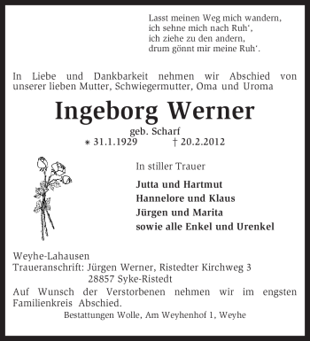 Traueranzeige von Ingeborg Werner von KREISZEITUNG SYKE