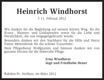 Traueranzeige von Heinrich Windhorst von KREISZEITUNG SYKE