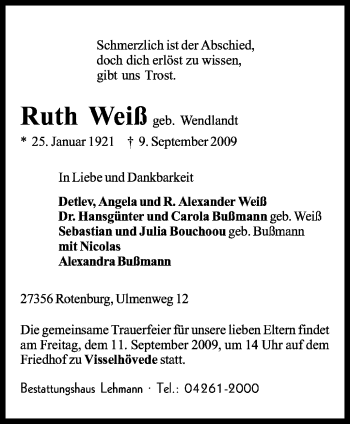Traueranzeige von Ruth Weiß von KREISZEITUNG SYKE