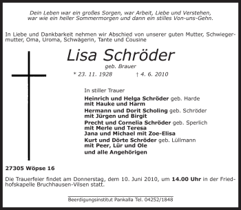 Traueranzeige von Lisa Schröder von KREISZEITUNG SYKE