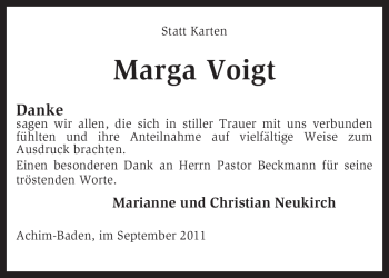 Traueranzeige von Marga Voigt von KREISZEITUNG SYKE