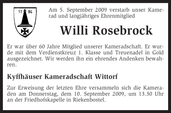 Traueranzeige von Willi Rosebrock von KREISZEITUNG SYKE