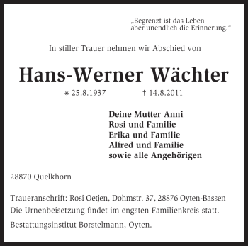 Traueranzeige von Hans-Werner Wächter von KREISZEITUNG SYKE